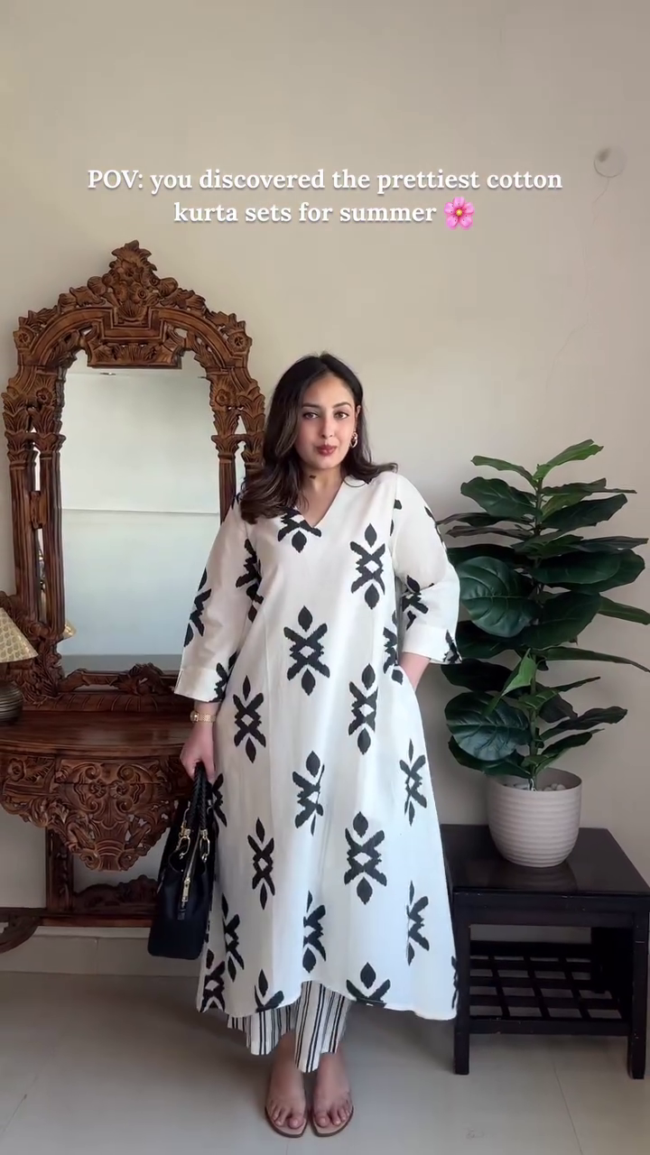 Light Blue Floral Cotton Kurta Set - Image 3