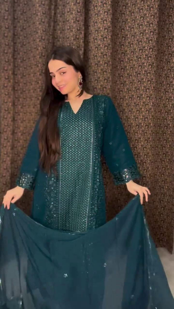Teal Green Embroidered Suit Set