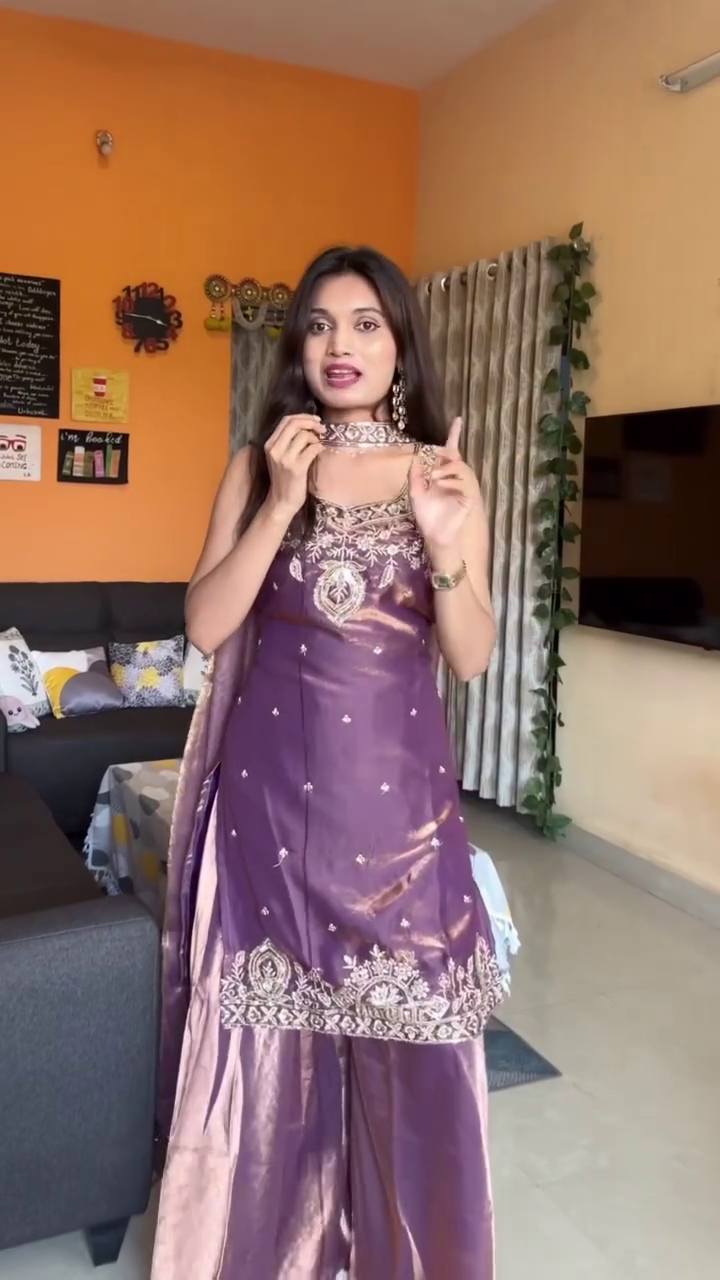 Purple Silk Kurta Palazzo Set - Image 2