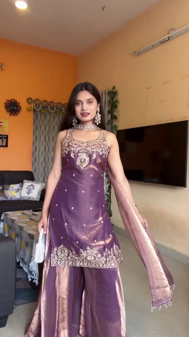 Purple Silk Kurta Palazzo Set - Image 4
