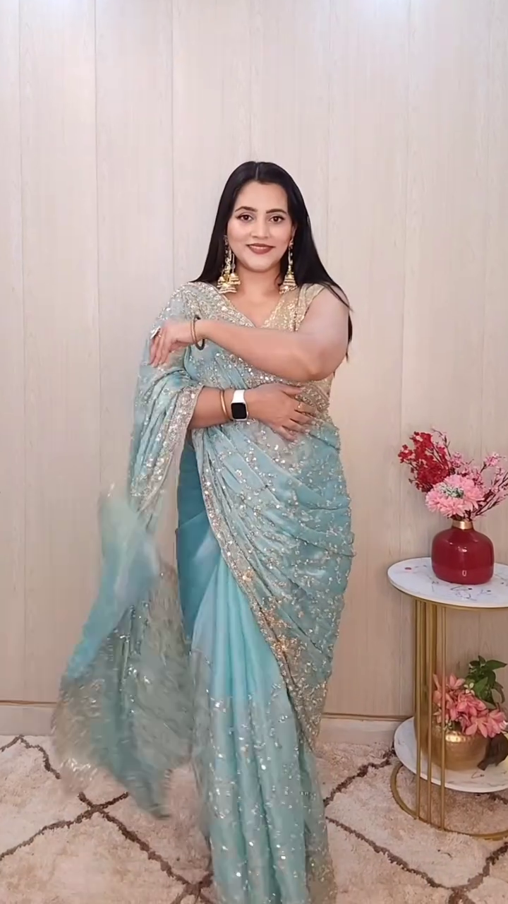 Aqua Blue Designer Saree - Image 2