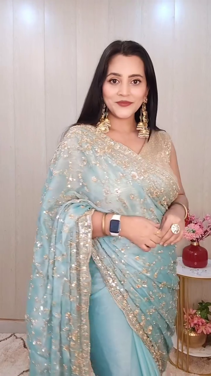 Aqua Blue Designer Saree - Image 3